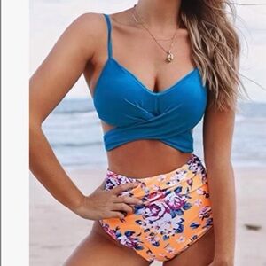 CUPSHE Women's High Waist Bikini Swimsuit Floral Print Tie 2-Piece Bathing Suit